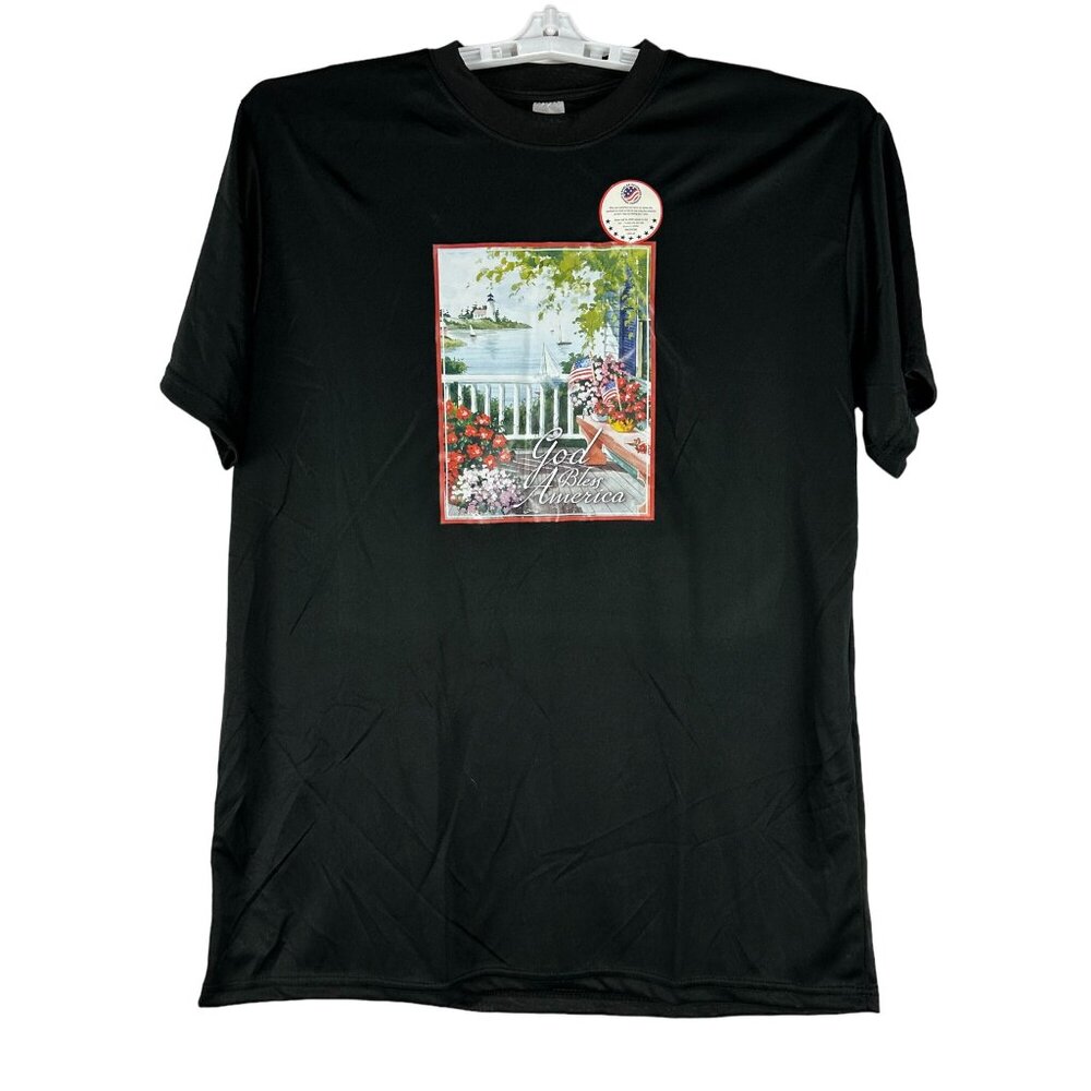 God Bless America Black Graphic Tee L Patriotic Scenic Print Short Sleeve Shirt